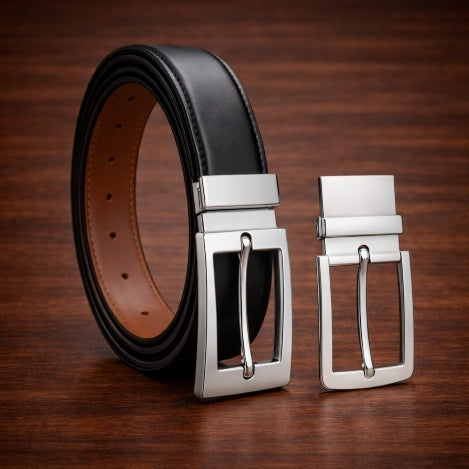 MAROQ - Reversible Leather Belt – Black & Brown (Includes 2 Buckles)