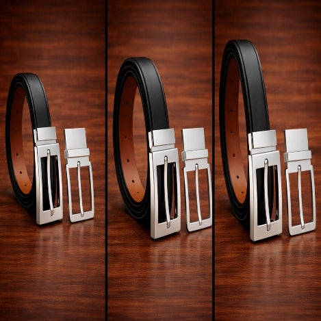 MAROQ - Reversible Leather Belt – Black & Brown (Includes 2 Buckles)