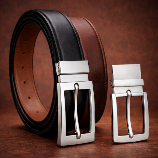 MAROQ - Reversible Leather Belt – Black & Brown (Includes 2 Buckles)